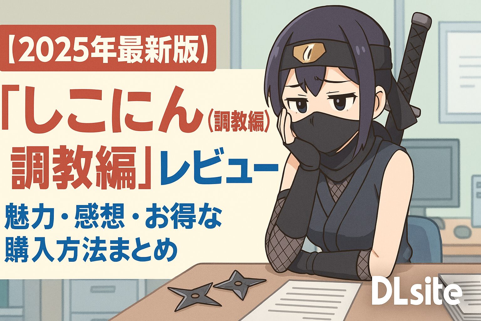 オフィス風の背景で机に座る女性忍者のアニメ風イラスト。左側に「【2025年最新版】しこにん（調教編）レビュー｜魅力・感想・お得な購入方法まとめ【DLsite】」のテキストが配置されたサムネイル画像。